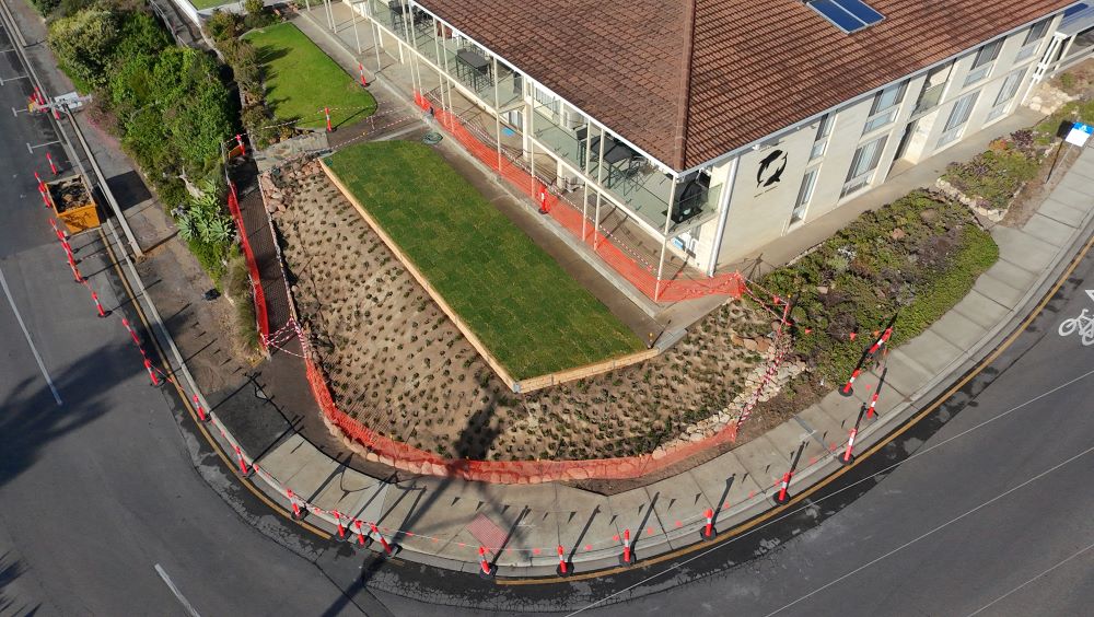 Aerial image of wall and footpath works at Dolphin Apartments Port Elliot