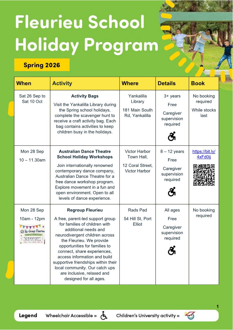 Fleurieu School Holiday Program Spring 2026 Page 1