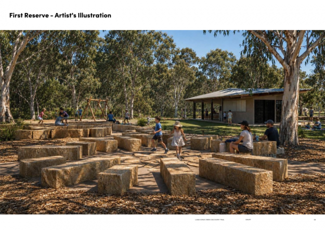 Families sitting and running around limestone blocks at central meeting place First Reserve with shelter and swings in background.