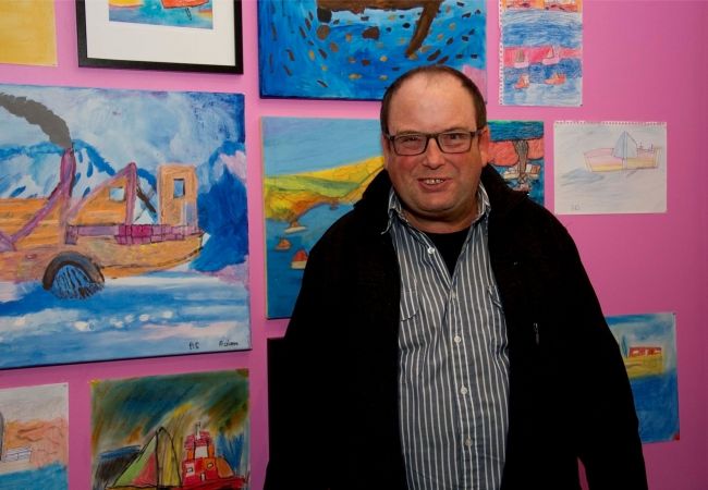 Adam Seljan exhibiting his artwork at South Coast Regional Arts Centre, Goolwa, 2024