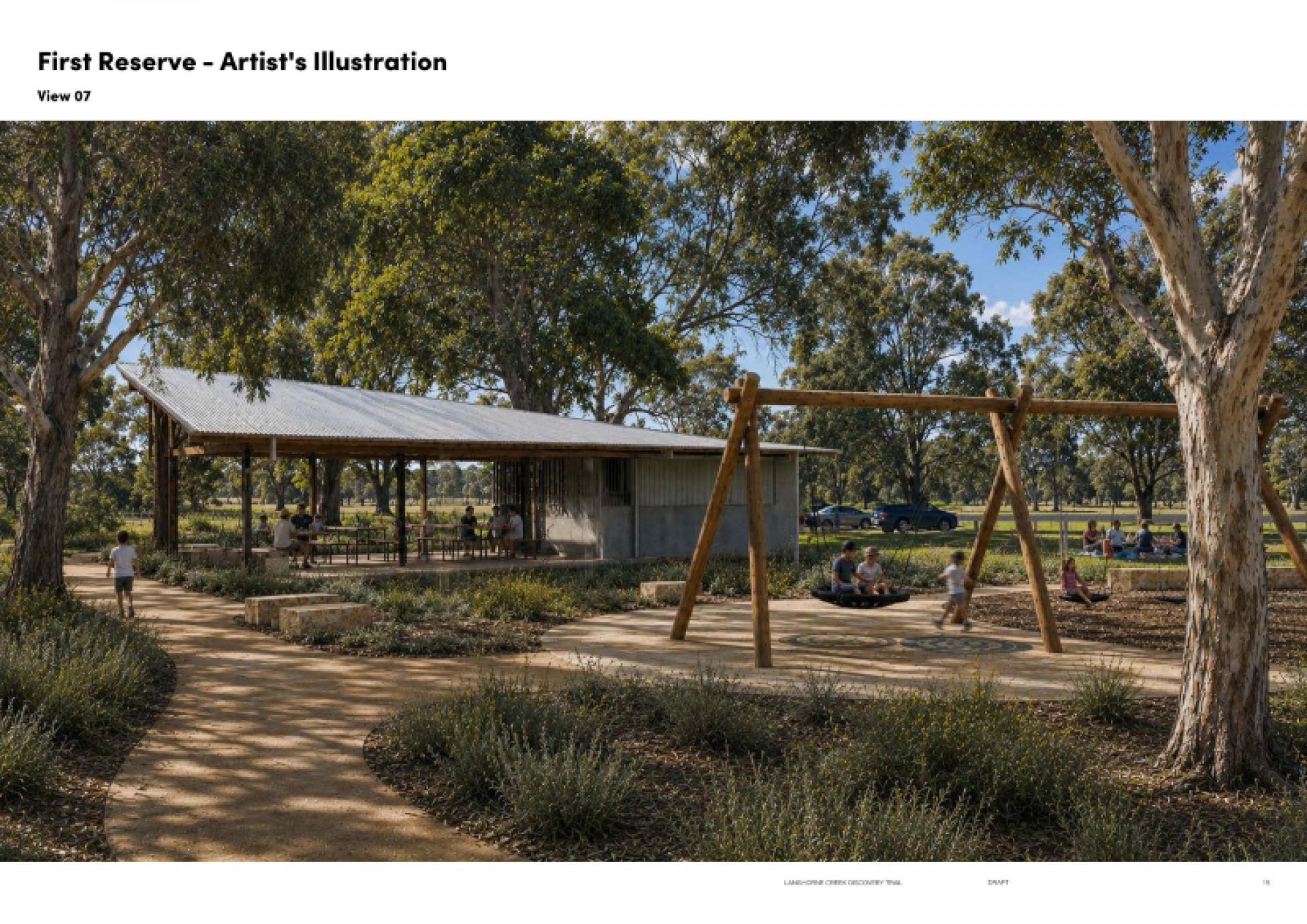 Picnic shelter, children playing on wooden swings, pathways and trees.