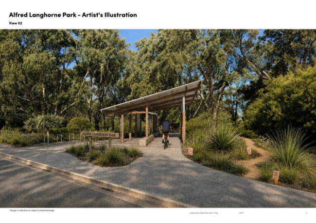 New information shelter at Alfred Langhorne Park with cyclist inside shelter.