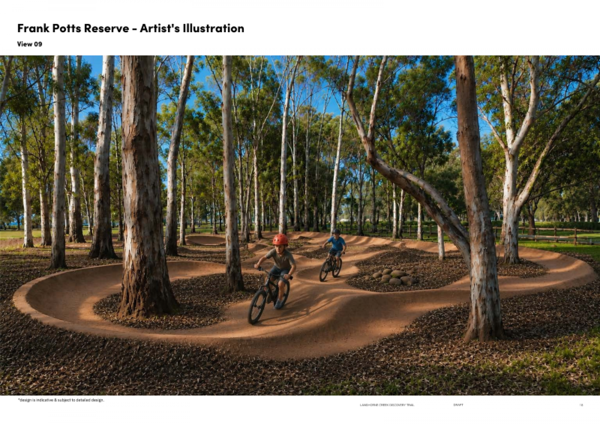 Two young children riding bikes on dirt pump track around trees in Frank Potts Reserve.