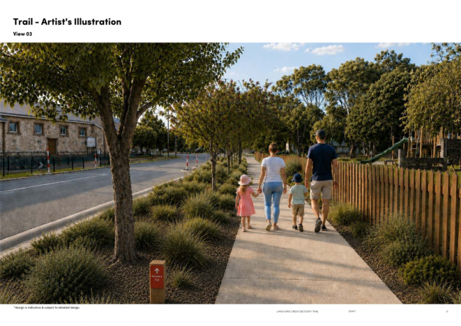 LCDT - Back view of Mum and Dad and girl and boy walking along trail in main street near hall.