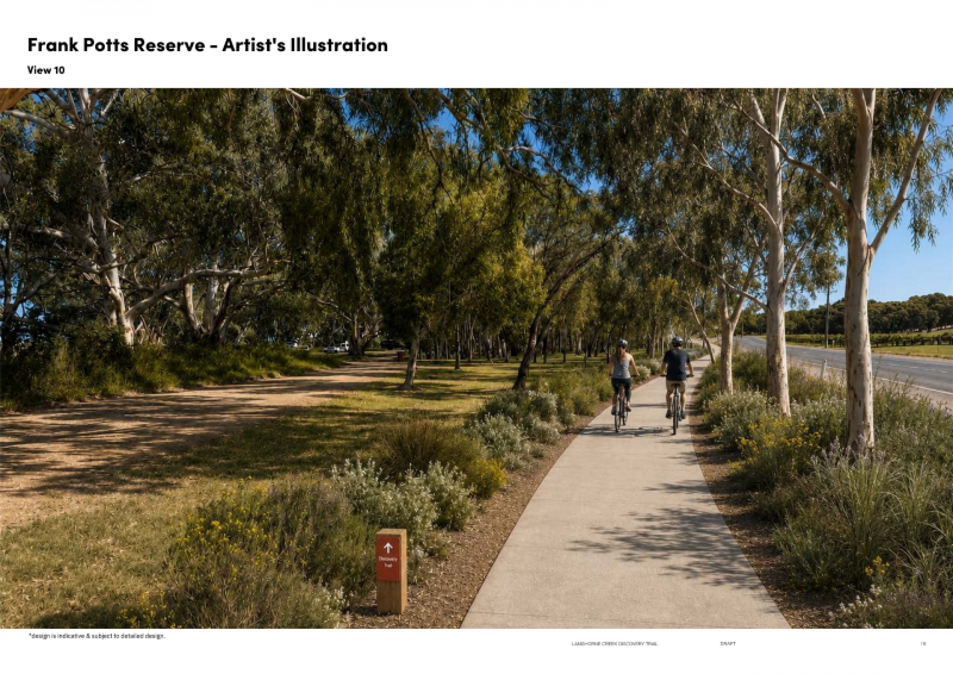 Back view of two cyclists riding on trail at Frank Potts Reserve with trees on one side then landscaping and main road on the other side.