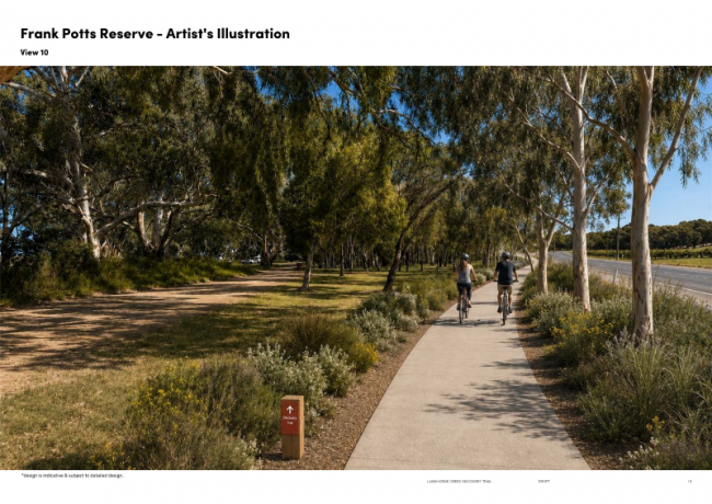 Back view of two cyclists riding on trail at Frank Potts Reserve with trees on one side then landscaping and main road on the other side.