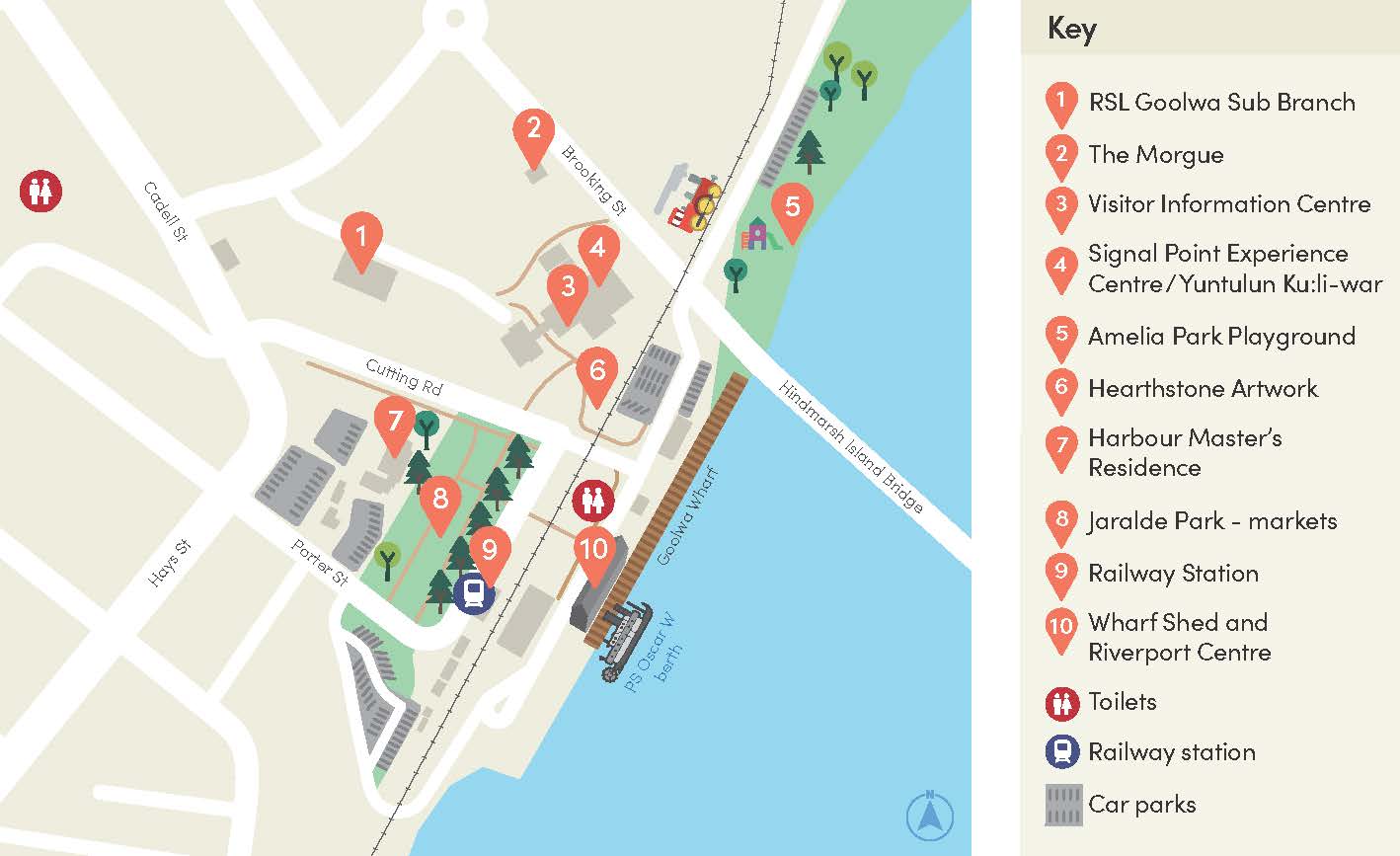 Goolwa Wharf Precinct Visitor Map Illustration with a legend of attractions and facilities