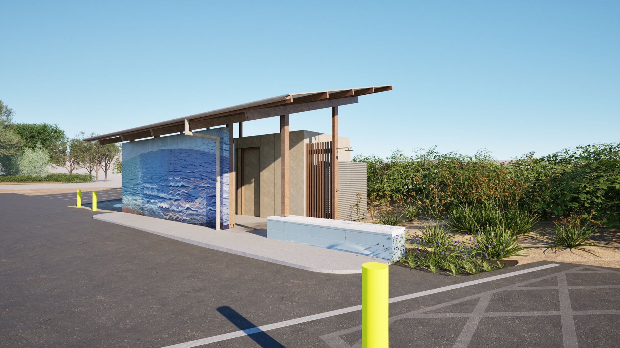 Artist impression of new public toilet with existing seascape mural at Chiton Rocks Surf Club.