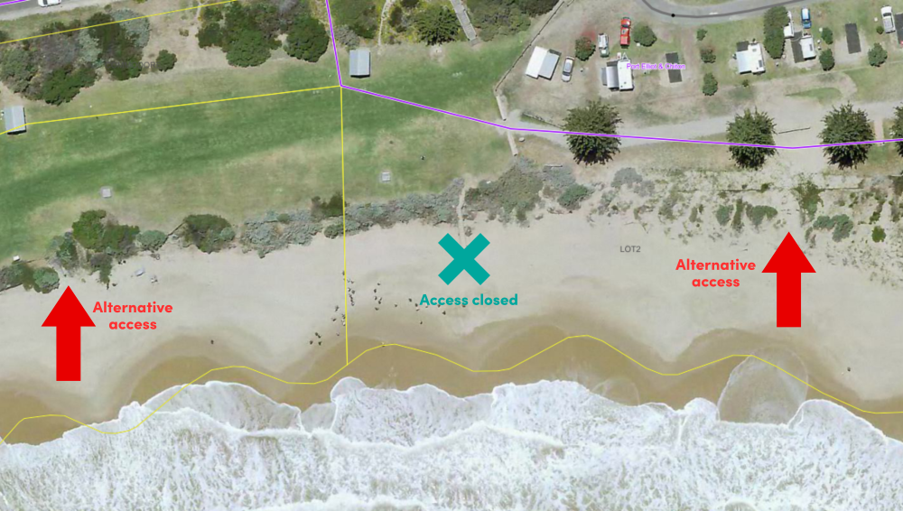 Aerial map showing location of the removed beach access stairs at Horseshoe Bay, marked with green cross, with alternative access points marked with red arrows.removed
