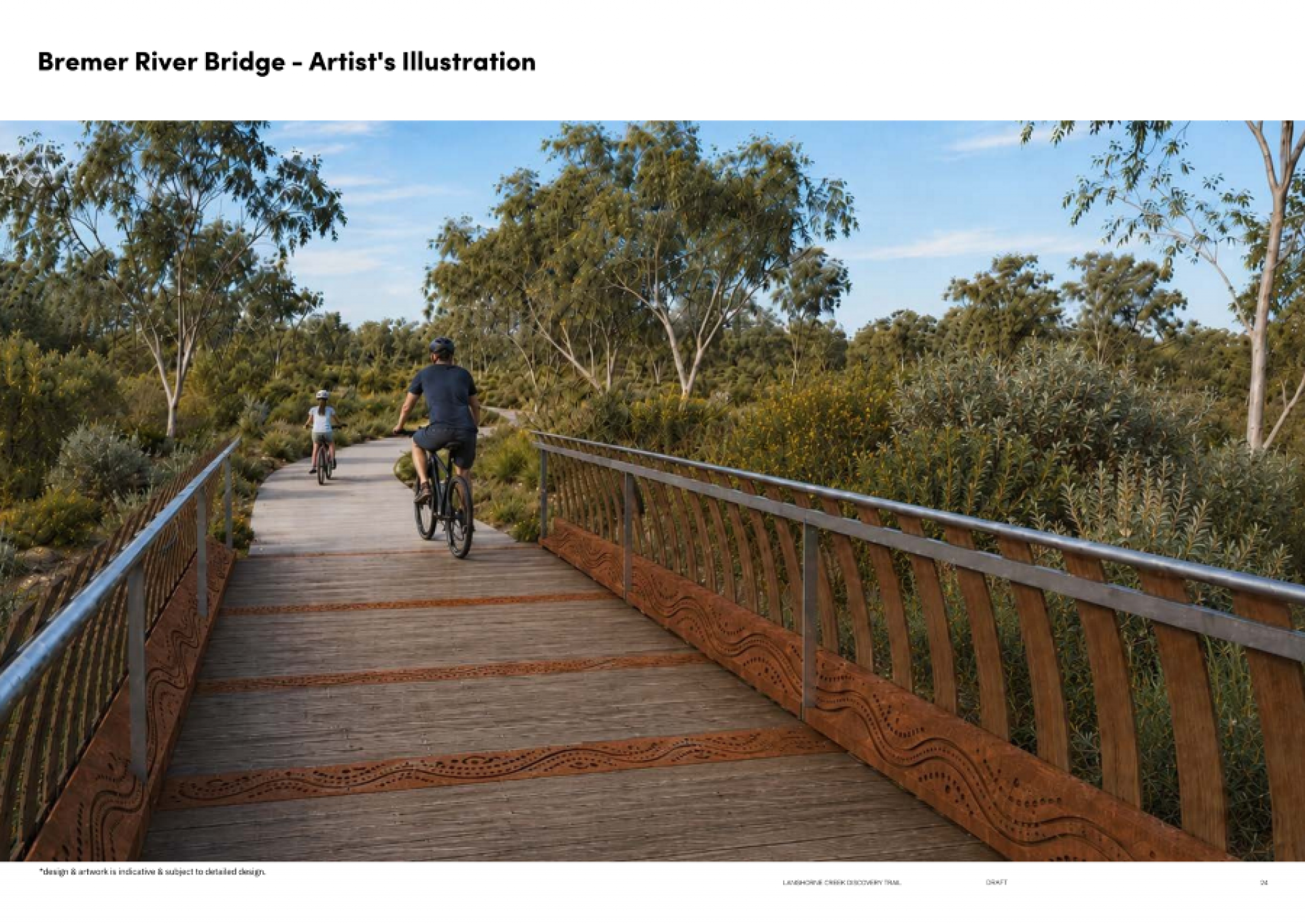 Back view of child and man riding across pedestrian footbridge that has inlaid First Nations artwork.