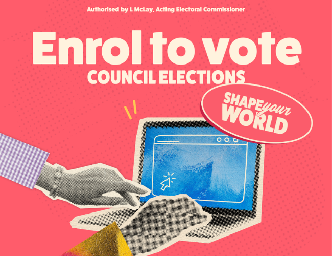 Graphic cartoon image of two hands typing on laptap with pink background.. Text says Enrol to vote. Council elections. Shape Your World