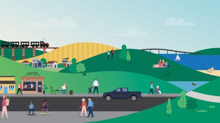My Say banner illustration of the region with people, cars, farms and more