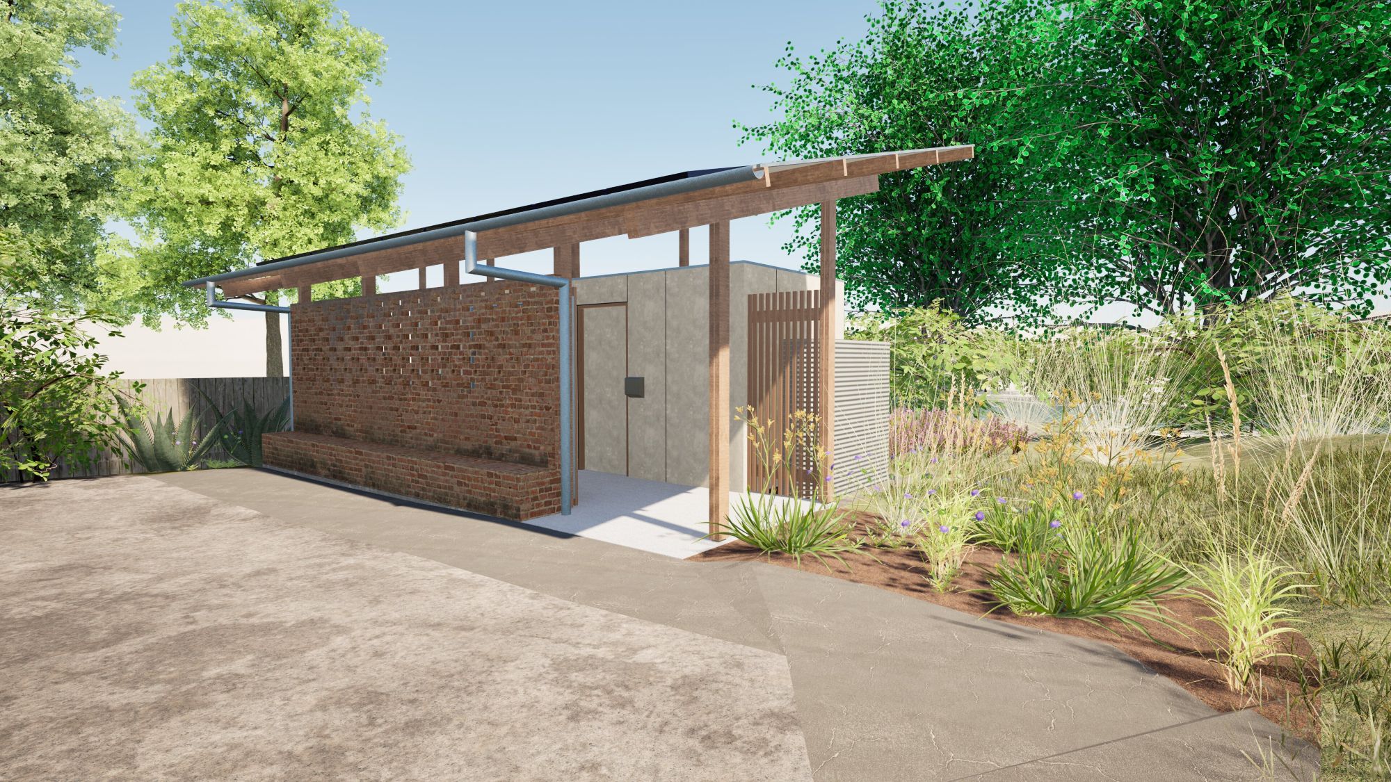 Artist impression of new public toilets with feature brick wall behind the Middleton Arts and Crafts Building.