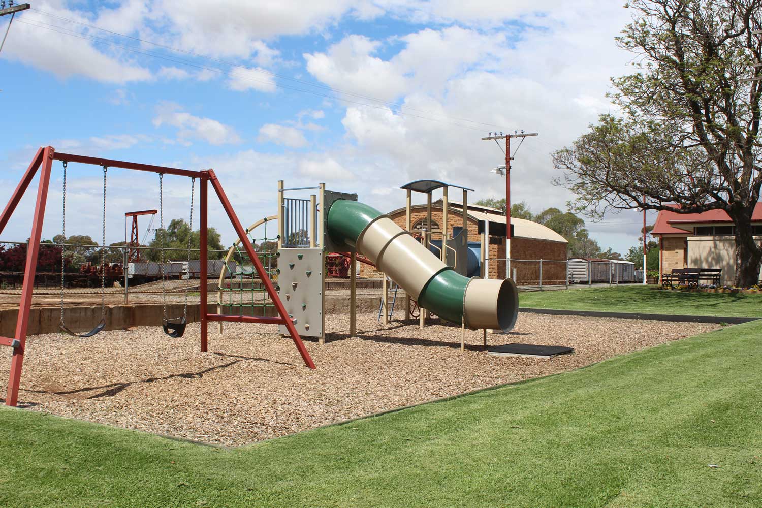 Strathalbyn Railway Station Playground with swing set and slide