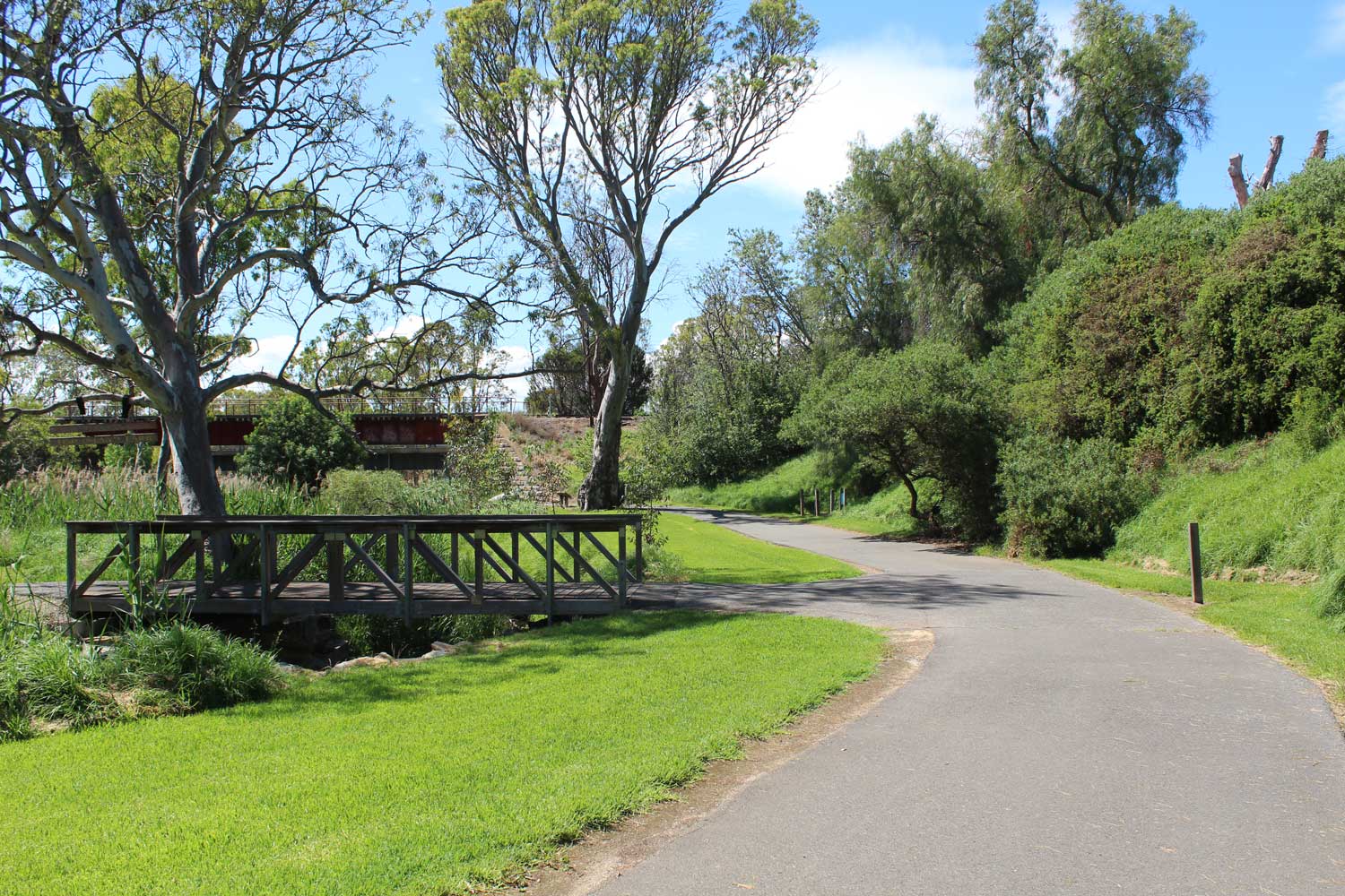 Rotary Park walking trail with bridges in the background