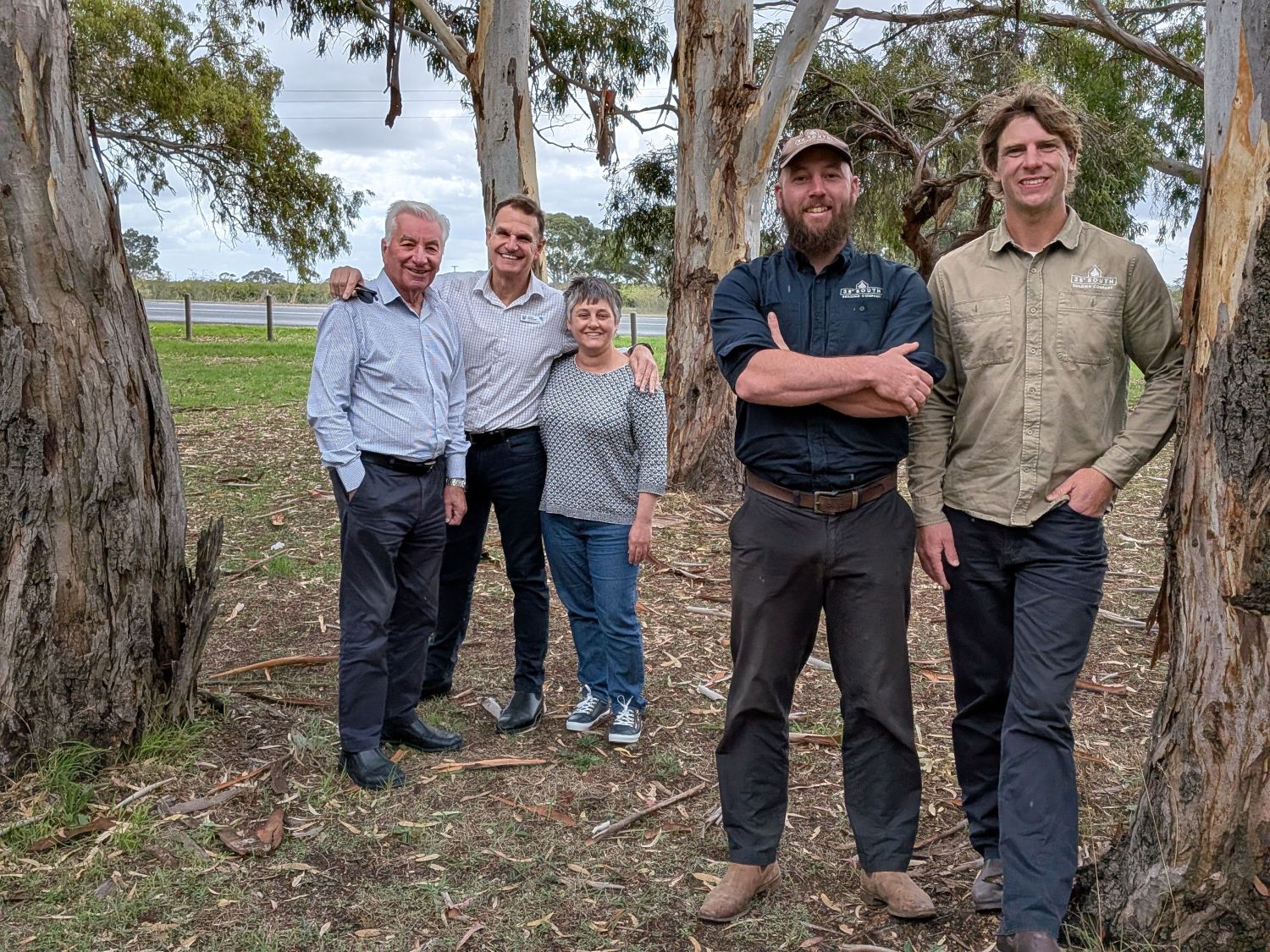 In First Reserve, one of the areas along the Trail, are (front) 35 South Building Co Directors Ben Kernahan and Tom Shaw with (back from left) Alexandrina Mayor Keith Parkes, Chief Executive Officer Andrew MacDonald, and Langhorne Creek Grape and Wine Executive Officer Lian Jaensch.